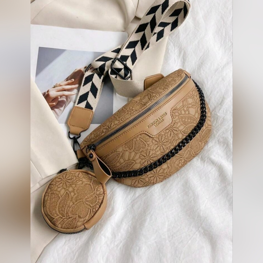 NEW Tan Floral Embossed Crossbody Sling Bag